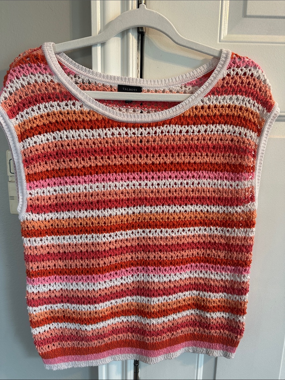 Talbots Striped Open-Knit Scoop Neck Shell in Pink, Orange & White